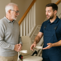 Treppenlift-Installateur berät einen Senior über Treppenlifte