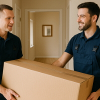 Monteure tragen Treppenlift-Materialien in ein Wohnhaus