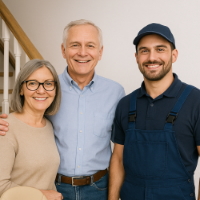 Treppenliftmonteur mit zufriedenen Kunden vor einer Treppe