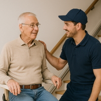 Treppenlift-Monteur mit einem älteren Mann, der auf einem Treppenmlift sitzt