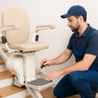 Treppenlift-Monteur, der einen Treppenlift montiert