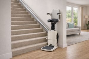 Stehlift am Fuß einer Treppe.