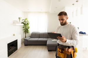 Handwerker dokumentiert die Wartung.